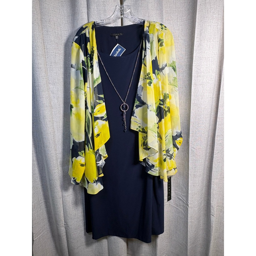 Tiana B Womens 20W Navy Blue Sheath Dress Floral Chiffon Jacket Necklace Set NWT